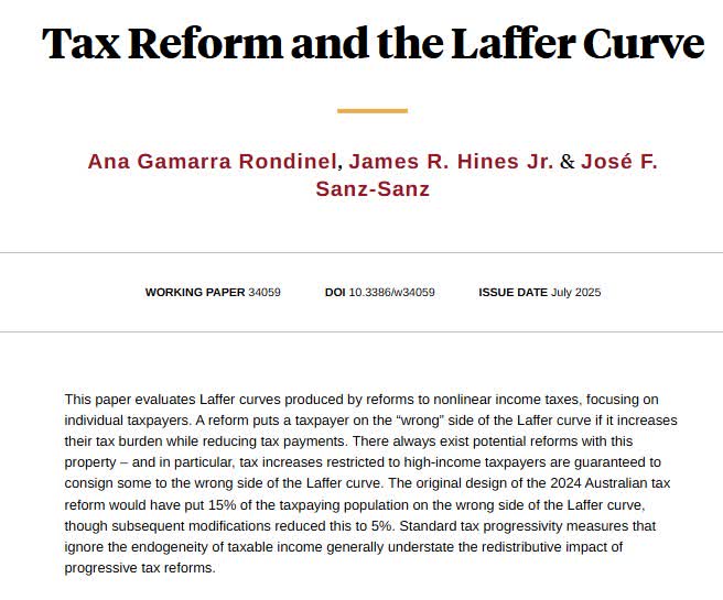 Evaluating Laffer curves produced by reforms to nonlinear income taxes, focusing on individual taxpayers, from Ana Gamarra Rondinel, James R. Hines Jr., and José F. Sanz-Sanz nber.org/papers/w34059