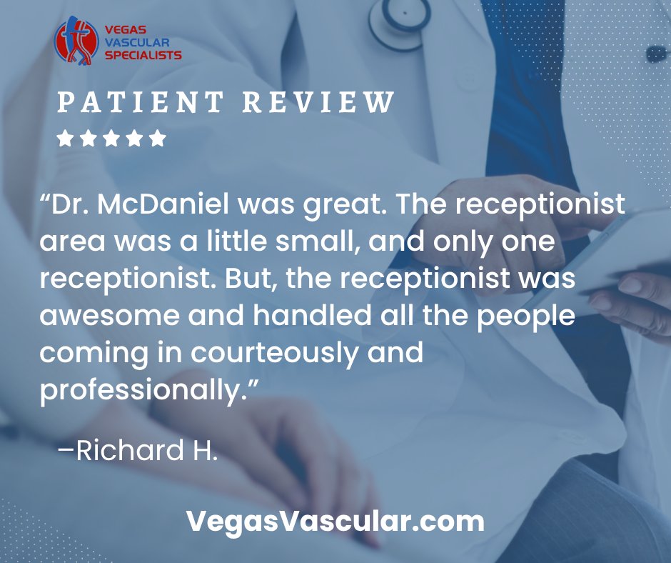 We appreciate the kind words and are proud to have a team that’s committed to excellent care, from the front desk to the operating room.

#VegasVascularSpecialists #PatientCare #VascularExcellence #DrMcDaniel #CompassionateCare #ProfessionalService #LasVegasDoctors