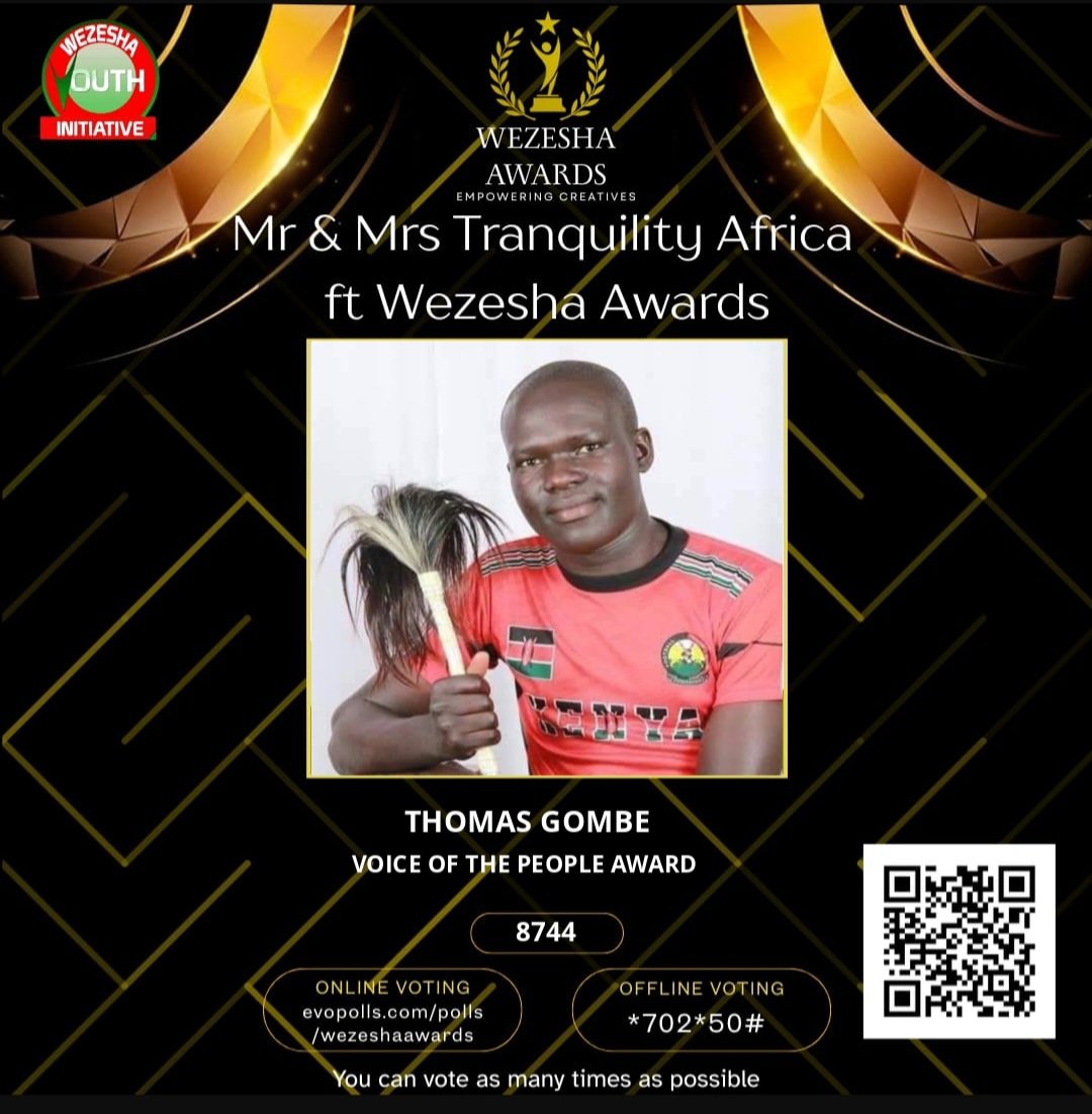 Gombetomboya's tweet image. A leader walks with the people, not ahead of them. I’m honoured to be nominated for the Voice of the People Award during the @WezeshaYouthKe Mr. & Miss Tranquility Fashion Show. If my voice reflects your hopes, vote Thomas Gombe via evopolls.com/polls/wezeshaa… or SMS WEZESHA to 22422
