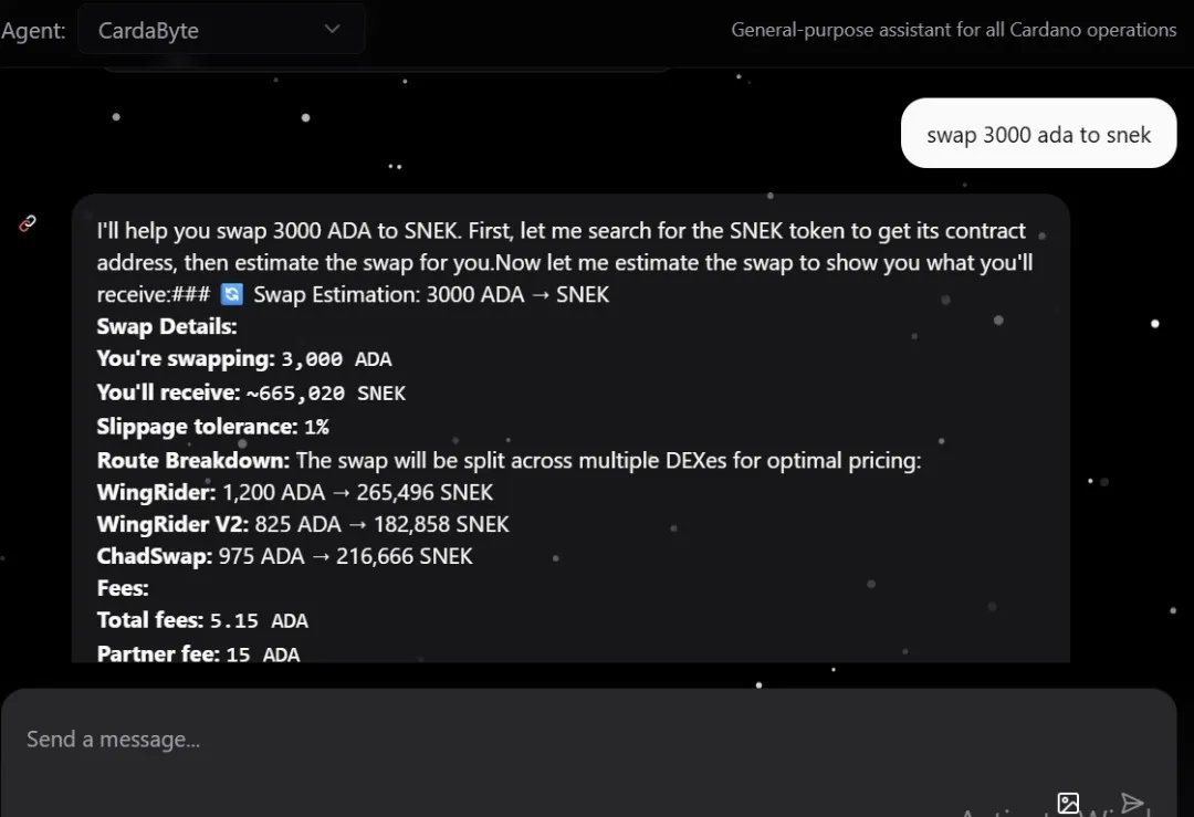 CardaLabs's tweet image. I just swapped 3,000 ADA to $SNEK and the transaction was completed fast and simply using human language.

No rigorous steps
No confusion
No complexities

That’s what we’ve built with Cardabyte - making on-chain interaction simple and seamless.

This is the next gen push for mass…