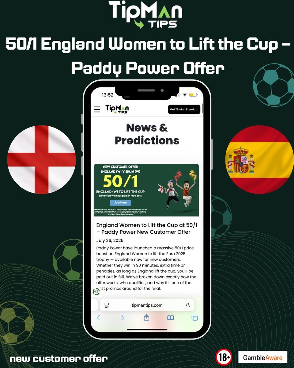 🎉 50/1 on England to Lift the Trophy!
Paddy Power are offering new customers a MASSIVE 50/1 on the Lionesses to win the Women’s Euro 2025 Final TODAY! 🏆🦁

💥 Bet £1 → Win £50 in free bets if England lift the cup
✅ New customers only

🗓 England vs Spain – Sunday, July 27
🔥