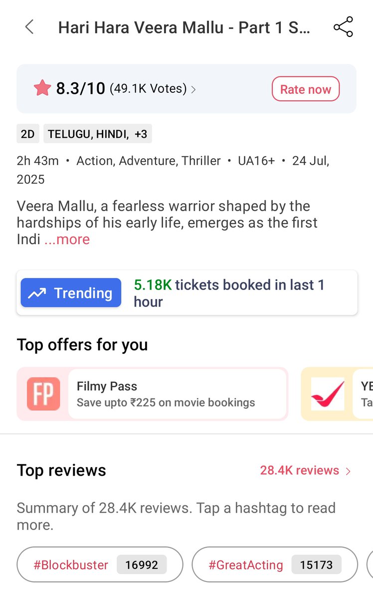 PrinceNanda06's tweet image. 5.18K tickets Booked in last 1 hour 👌🔥
Last 2 days bookings bagunai
Vfx change chesaru , family tho chusi enjoy cheyandi guys🙌
#HariHaraVeeraMallu