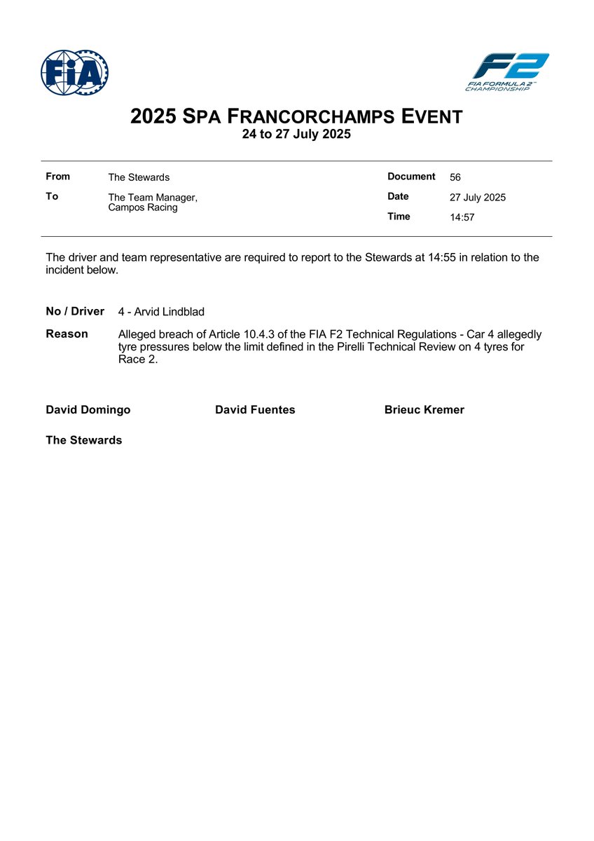 f2docsbot's tweet image. New document: Doc 56 - SUMMONS - Car 4 - allegedly Race 2 - tyre pressures too low x 4
Published on 27.07.25 14:57 CET
fia.com/system/files/d…
#F2 #Formula1 #FIA