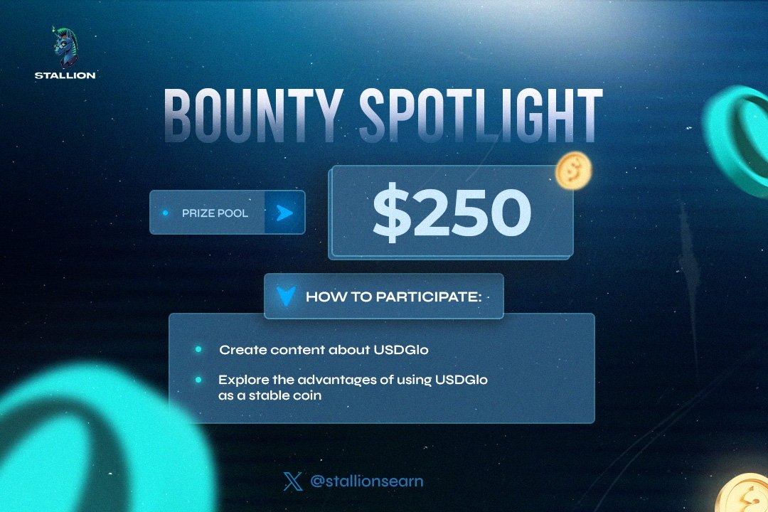 $𝟮𝟱𝟬 𝗶𝘀 𝘂𝗽 𝗳𝗼𝗿 𝗴𝗿𝗮𝗯𝘀!

The first-ever Stallion Bounty is now LIVE!

We're looking for the best content creators to explore and showcase the benefits of $USDGLO as a stablecoin.

Show us what you've got... and Get Rewarded!