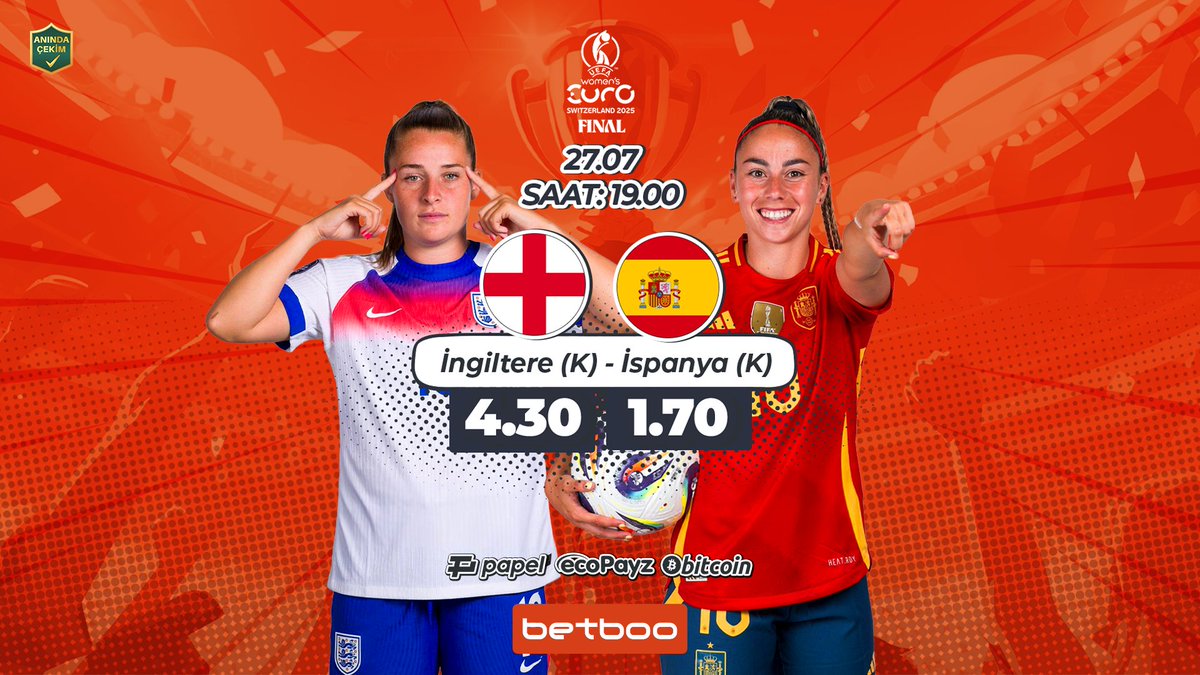 boonedirya's tweet image. 🔥 Betboo günün maçında; Kadınlar Avrupa Şampiyonası finalinde, İngiltere ile İspanya karşı karşıya!
💰 Kadınlar Avrupa Şampiyonası finalinde Maç Kazananı (Tam Süre) marketine maç öncesi bahis yap, takımın 2 gol fark atarsa maç sonunu beklemeden bahsini kazanmış gibi…