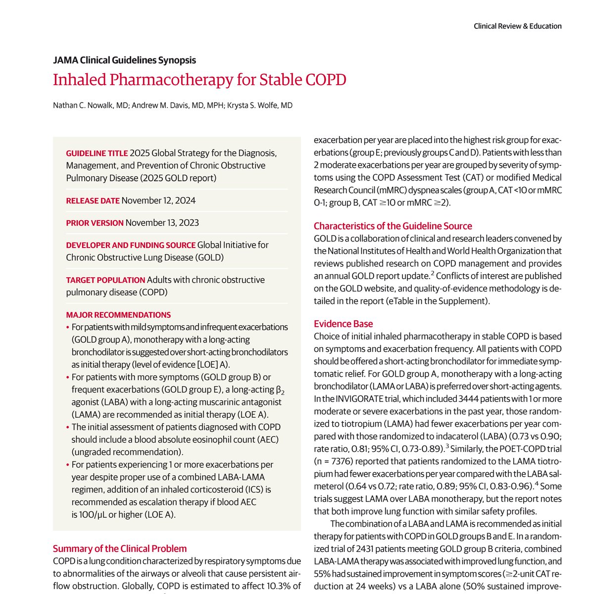 The 2025 GOLD report updates inhaled pharmacotherapy guidelines for stable #COPD, prioritizing eosinophil levels to tailor treatment and reduce symptoms and exacerbations. 

ja.ma/3IM19KM