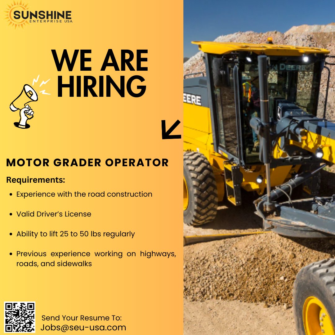 Sunshine Enterprise USA (@sunshineenterp5) on Twitter photo Join our team as a Motor Grader Operator and contribute to our mission of enhancing efficiency, driving innovation, and creating a positive environment. Don’t miss this chance to make a difference—apply now!
Send your resume to jobs@seu-usa.com. Join our team as a Motor Grader Operator and contribute to our mission of enhancing efficiency, driving innovation, and creating a positive environment. Don’t miss this chance to make a difference—apply now!
Send your resume to jobs@seu-usa.com.