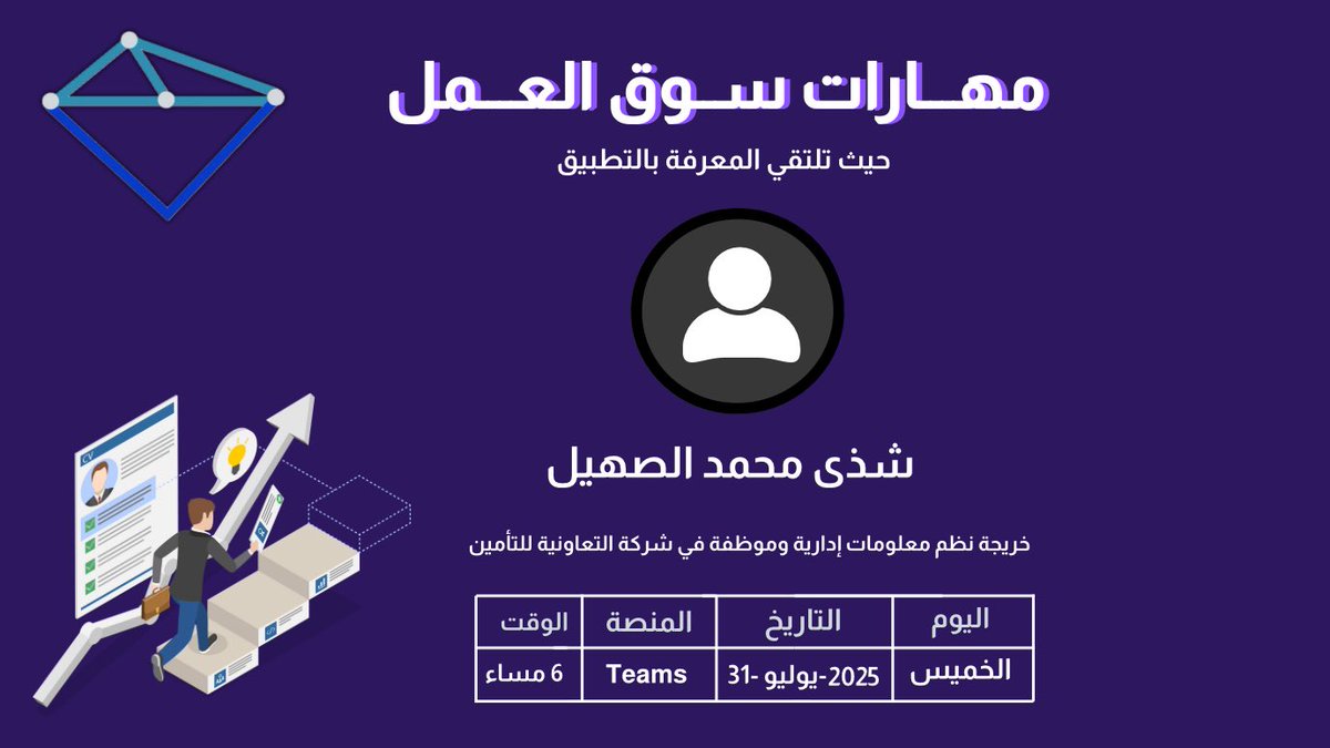 لأننا نؤمن أن المهارات هي جواز العبور الحقيقي لسوق العمل...
نفتتح أولى جلسات فعالية مهارات سوق العمل مع ضيفتنا الملهمة، التي ستكون شرارة البداية، ومصدر الإلهام الأول!
كونوا على الموعد، فالتفاصيل تصنع الفرق، والبدايات القوية تصنع الحكايات. ✨💼