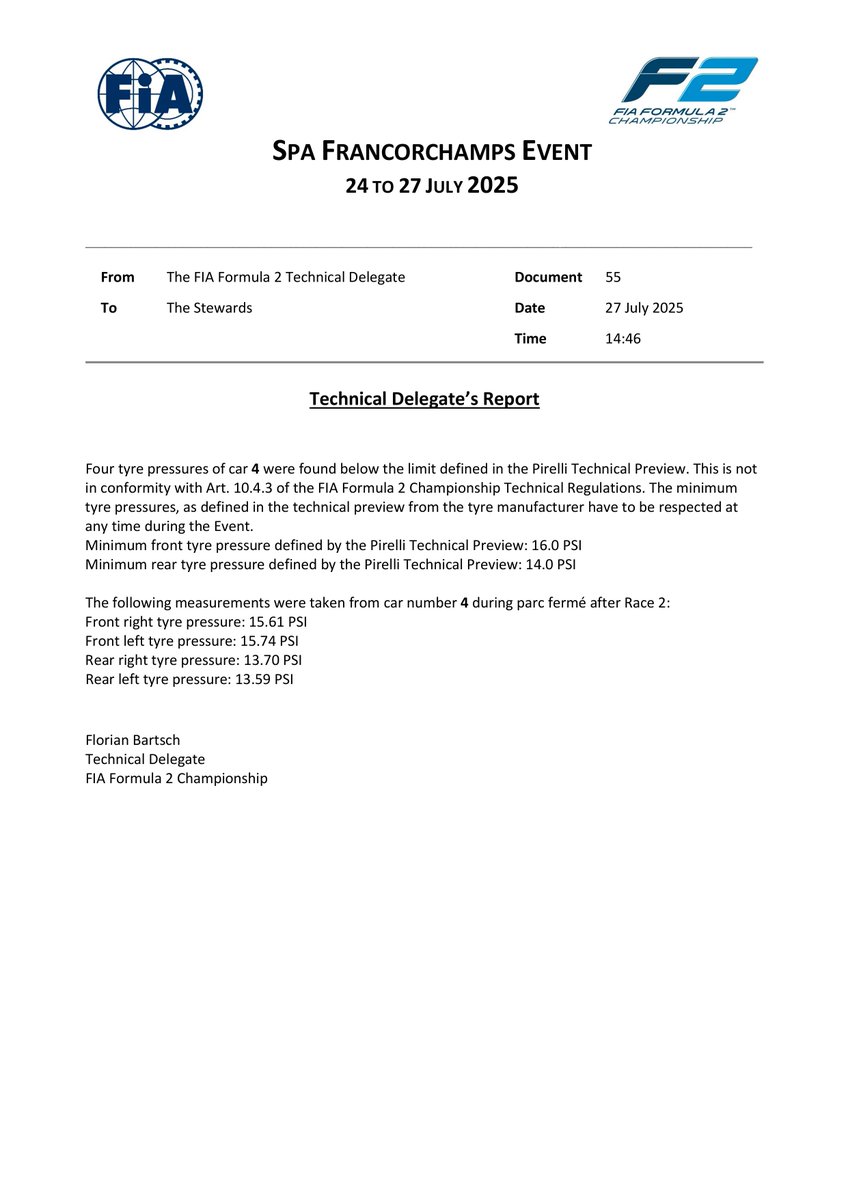 f2docsbot's tweet image. New document: Doc 55 - F2 Technical Delegates Report 5
Published on 27.07.25 15:00 CET
fia.com/system/files/d…
#F2 #Formula1 #FIA