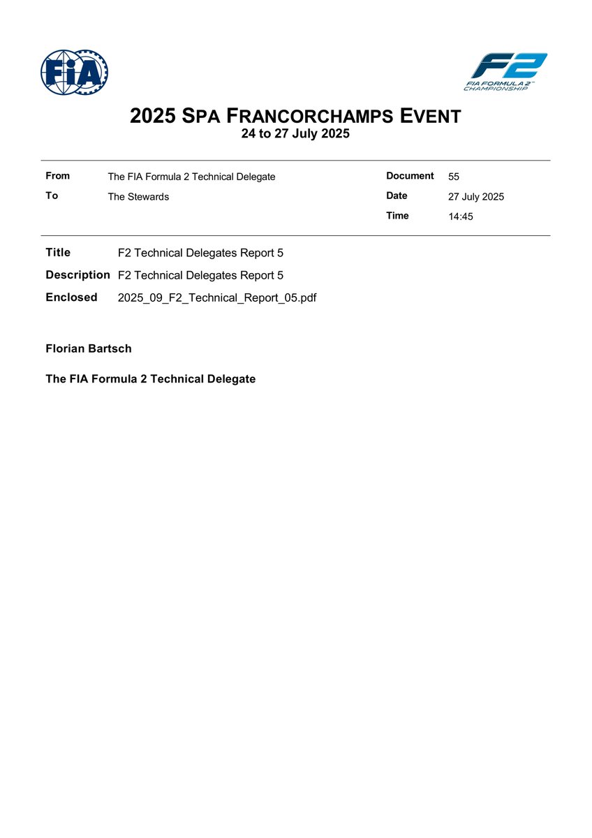 f2docsbot's tweet image. New document: Doc 55 - F2 Technical Delegates Report 5
Published on 27.07.25 15:00 CET
fia.com/system/files/d…
#F2 #Formula1 #FIA