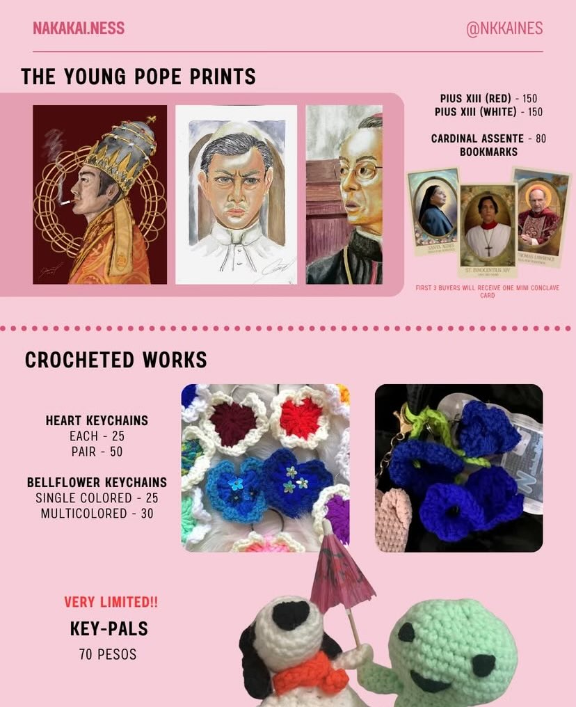 angelo___zee's tweet image. Hello folks who are going to the patron of the arts this aug 2-3 at sm seaside. I’ll be selling the young pope prints (bonus smol conclave card) and a bunch of crocheted works there.
Heres the catalogue for those interested. Support your silly luvr this weekend 🙂↔️