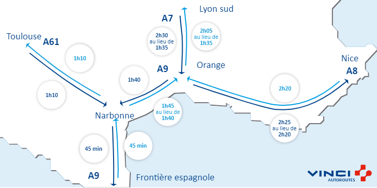VINCIAutoroutes's tweet image. #Infotrafic à 15h00 ⏱️ Vos temps de parcours sur @A7Trafic, @A8Trafic, @A9Trafic et @A61Trafic. #BienVoyager