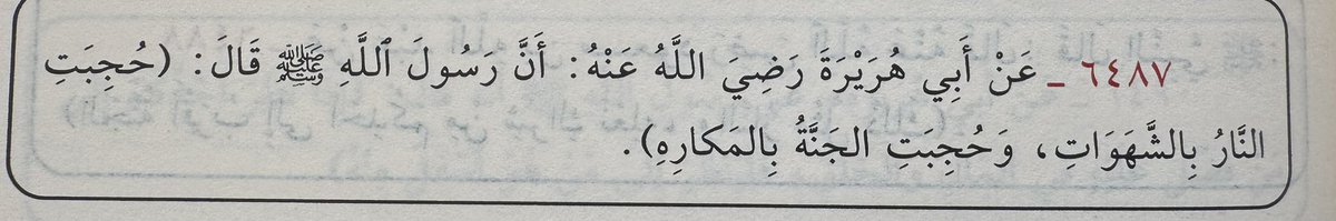 Ebû Hureyre radıyallahu anh’tan:
Rasûlullah sallallahu Teâlâ aleyhi ve sellem şöyle buyurdu:

“Cehennem şehvetlerle kuşatılmıştır; cennet ise hoşlanılmayan (nefsin zorlandığı) şeylerle kuşatılmıştır.”