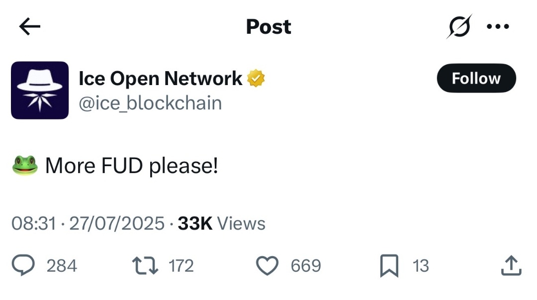 connectwithtola's tweet image. “More FUD please”
✍️ Dear Ice Open Network,
While this post may come off as humour to some, it also sends a concerning signal about Ice Open Network’s approach to community engagement and user sentiment.
Building a product for mass adoption requires trust, transparency, and…