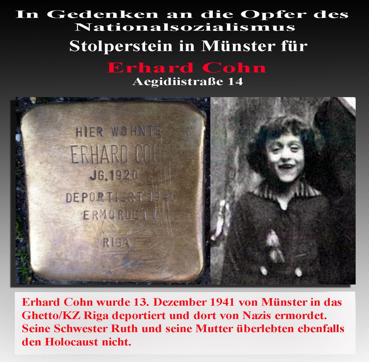 Muenstertube's tweet image. #Münster. Der tägliche Stolperstein gegen das Vergessen: Erhard Cohn #Antisemitismus #Stolpersteine #NieWieder #Niewiederistjetzt #Holocaust #Riga #noNazis #noAfD #WirSindDieBrandmauer #AfDVerbotjetzt #wirsindmehr
Mehr zum Schicksal des Nazi-Opfers hier:
muenstertube.wordpress.com/2023/05/05/ged…