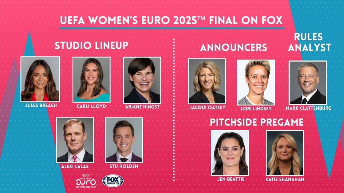 FOX Sports PR (@foxsportspr) on Twitter photo 🏆<a href="/WEURO2025/">UEFA Women's EURO 2025</a> Final stars 🏴England vs. 🇪🇸Spain today with live coverage starting at 11 AM ET on FOX!
📺@JulesBreach, <a href="/CarliLloyd/">Carli Lloyd</a>, <a href="/AlexiLalas/">Alexi Lalas</a>, @StuHolden & Ari Hingst
🎙️<a href="/JacquiOatley/">Jacqui Oatley</a>, <a href="/LoriLindsey6/">Lori Lindsey (she/her) 🏳️🌈</a> & <a href="/clattenburg1975/">Mark Clattenburg</a>
🏟️<a href="/KatieShanahan3/">Katie Shanahan</a> & Jen Beattie 🏆<a href="/WEURO2025/">UEFA Women's EURO 2025</a> Final stars 🏴England vs. 🇪🇸Spain today with live coverage starting at 11 AM ET on FOX!
📺@JulesBreach, <a href="/CarliLloyd/">Carli Lloyd</a>, <a href="/AlexiLalas/">Alexi Lalas</a>, @StuHolden & Ari Hingst
🎙️<a href="/JacquiOatley/">Jacqui Oatley</a>, <a href="/LoriLindsey6/">Lori Lindsey (she/her) 🏳️🌈</a> & <a href="/clattenburg1975/">Mark Clattenburg</a>
🏟️<a href="/KatieShanahan3/">Katie Shanahan</a> & Jen Beattie