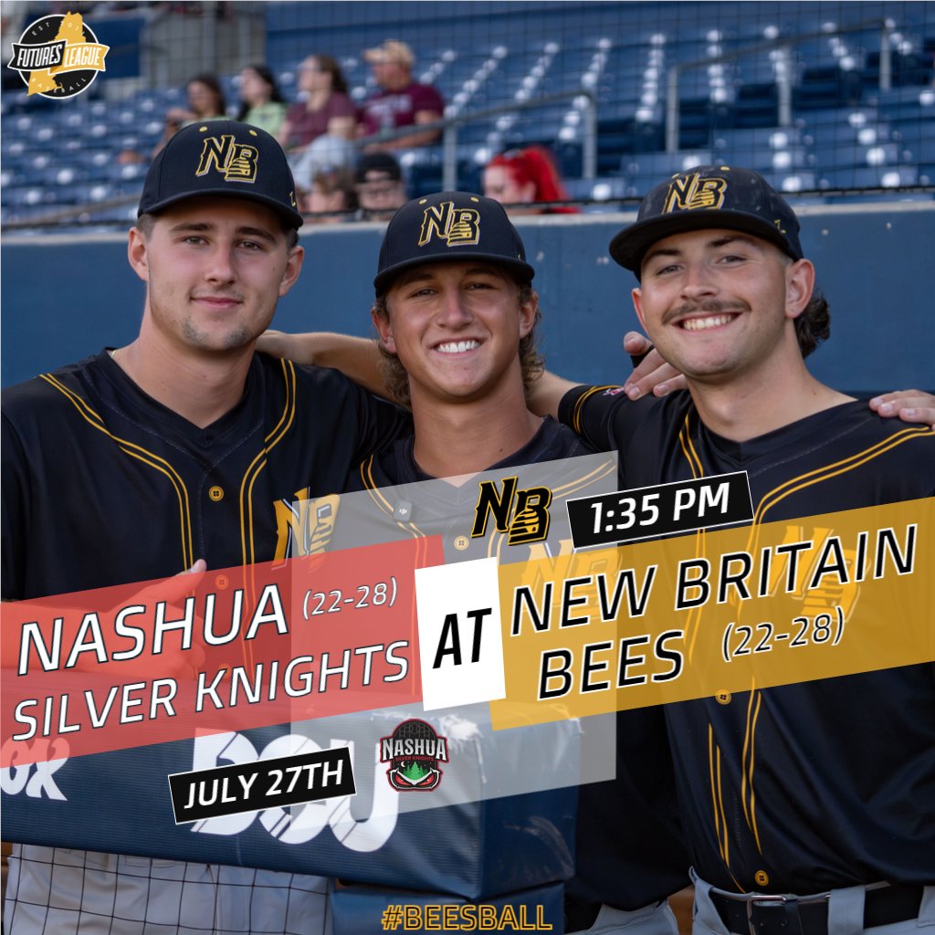 NewBritainBees's tweet image. ⚾️GAMEDAY⚾️
Sunday Funday in the Hardware City for a pivotal matchup with Nashua!
🆚: @SilverKnightsNH⚔️
⏰: 1:35 PM
🏟️: New Britain Stadium
📺: fcblnetwork.com
📈: bit.ly/3Slld8l
#GoBees | #FuturesLeague