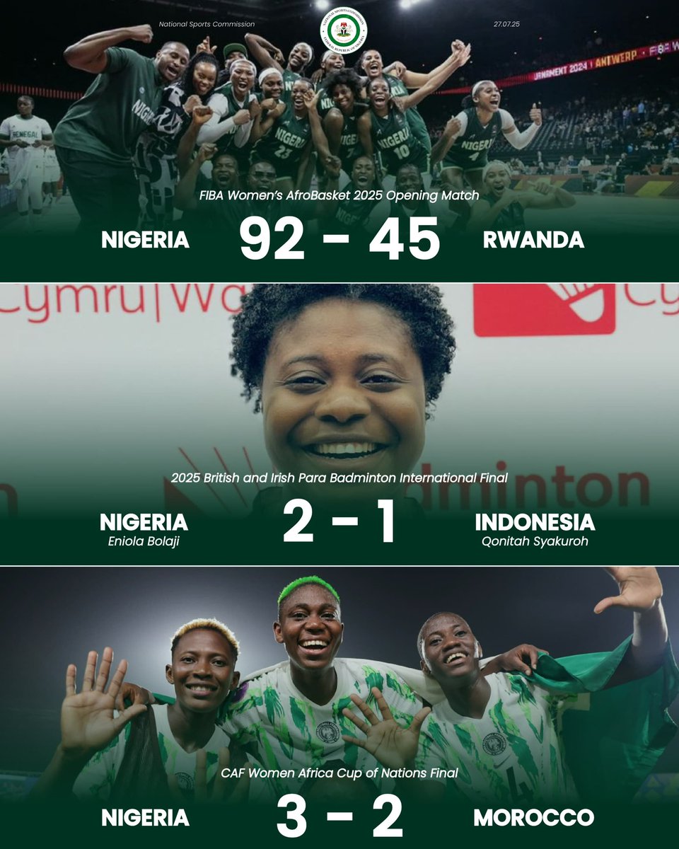 NatSportsComm's tweet image. 🎤NSC Chairman @ShehuDikko said: "Women have never let the country down in sport."
Yesterday, they proved it again in triple fashion.
-
#NSC #NationalSportsCommision #RHINSE #SuperFalcons #DTigress #EniolaBolaji #Proudly9ja #TeamNigeria #ShehuDikko