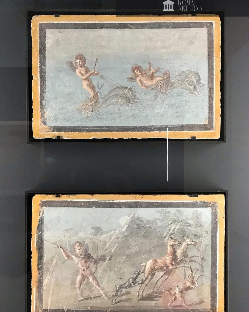 ValeriaAugusta8's tweet image. Fragments de fresque avec notamment des Amours (50-79 ap. J.-C.). Appartenant aux collections du Louvre, ces fresques ont été retrouvées à Herculanum en Campanie et étaient présentées dans l’exposition « Rome : la cité et l’Empire » au Louvre-Lens en 2022.