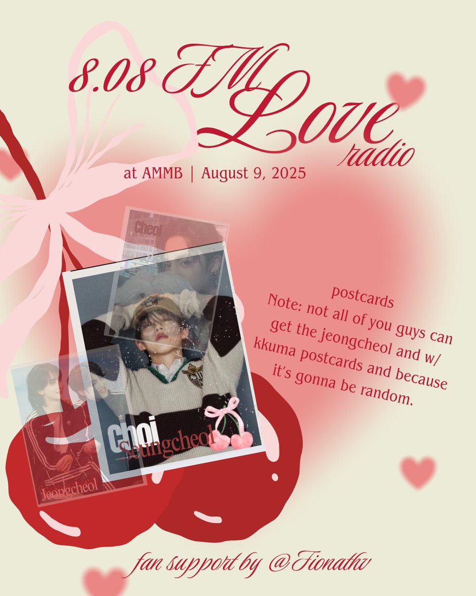 FionaThv's tweet image. 🍒🩷 freebies by @Fionathv

mbf, rt &amp;amp; like 
(vv limited quantity) 
btw not just cheol postcard but also a surprise postcards but it’s gonna be randomly! 
open for trades! dm me (limited only)
loc/time: tba

pls no mobbing at d-day!! 
see u, carats and couprangs!!

#808FMLoveRadio