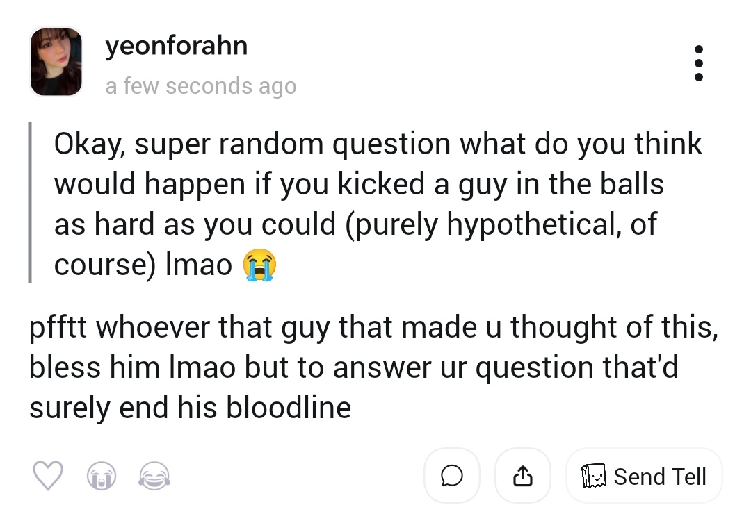 yeonforahn's tweet image. ❓ Okay, super random question what do you think would happen if you kicked a guy in the balls as hard as you could (purely hypothetical, of course) lmao 😭
💬 pfftt whoever that guy that made u thought of this, bless him lmao but to answer u... tellonym.me/yeonforahn/ans…