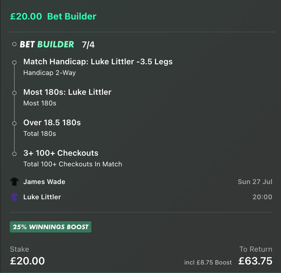 WORLD MATCHPLAY FINAL BUILDER 🏆🔨

📈 £20 returns £63.75 @ bet365

DROP A ❤️ IF TAILING!!

- Littler has the clear edge over this longer format, over the last 3 longer format H2H's Littler has won 7-3, 11-2 &amp; 8-0 on legs.

- Littler's 0.46 180 per leg average is superior to the
