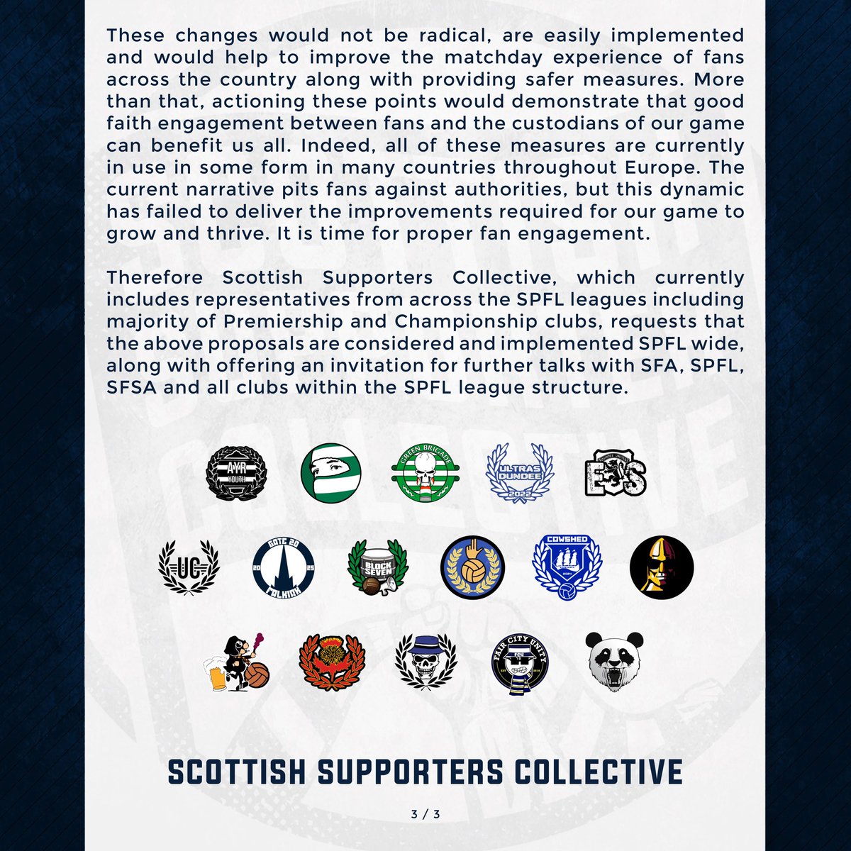 Here is the full text of the letter hand delivered to the Scottish Football Authorities at Hampden today by representatives from clubs across Scotland. Our united message is clear - in the country with the highest per capita football attendances in Europe - respect fans.