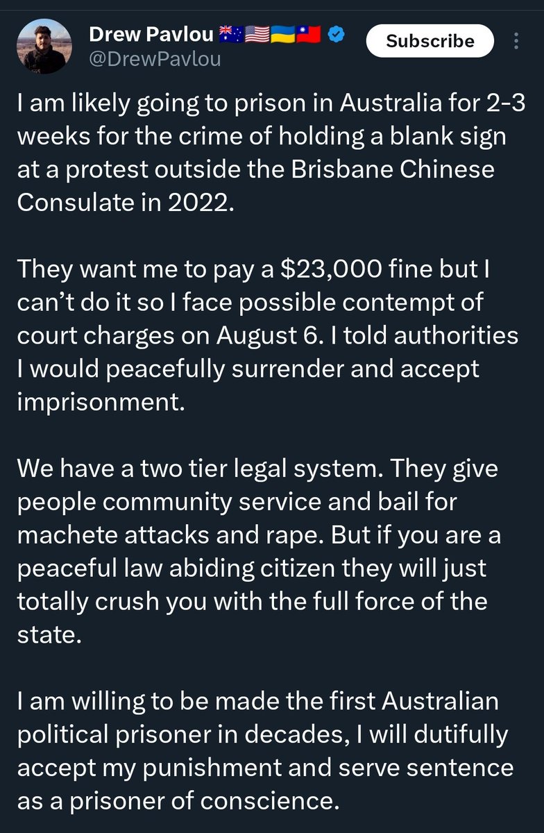 drew_pavlou's tweet image. "I am willing to be made the first Australian political prisoner in decades."
Hmmm.....