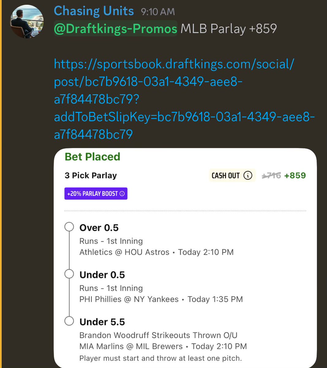 ChasingUnits_'s tweet image. DraftKings MLB Parlay 20% +859
FV: +665
EV%: 25.4%
QK: .74u