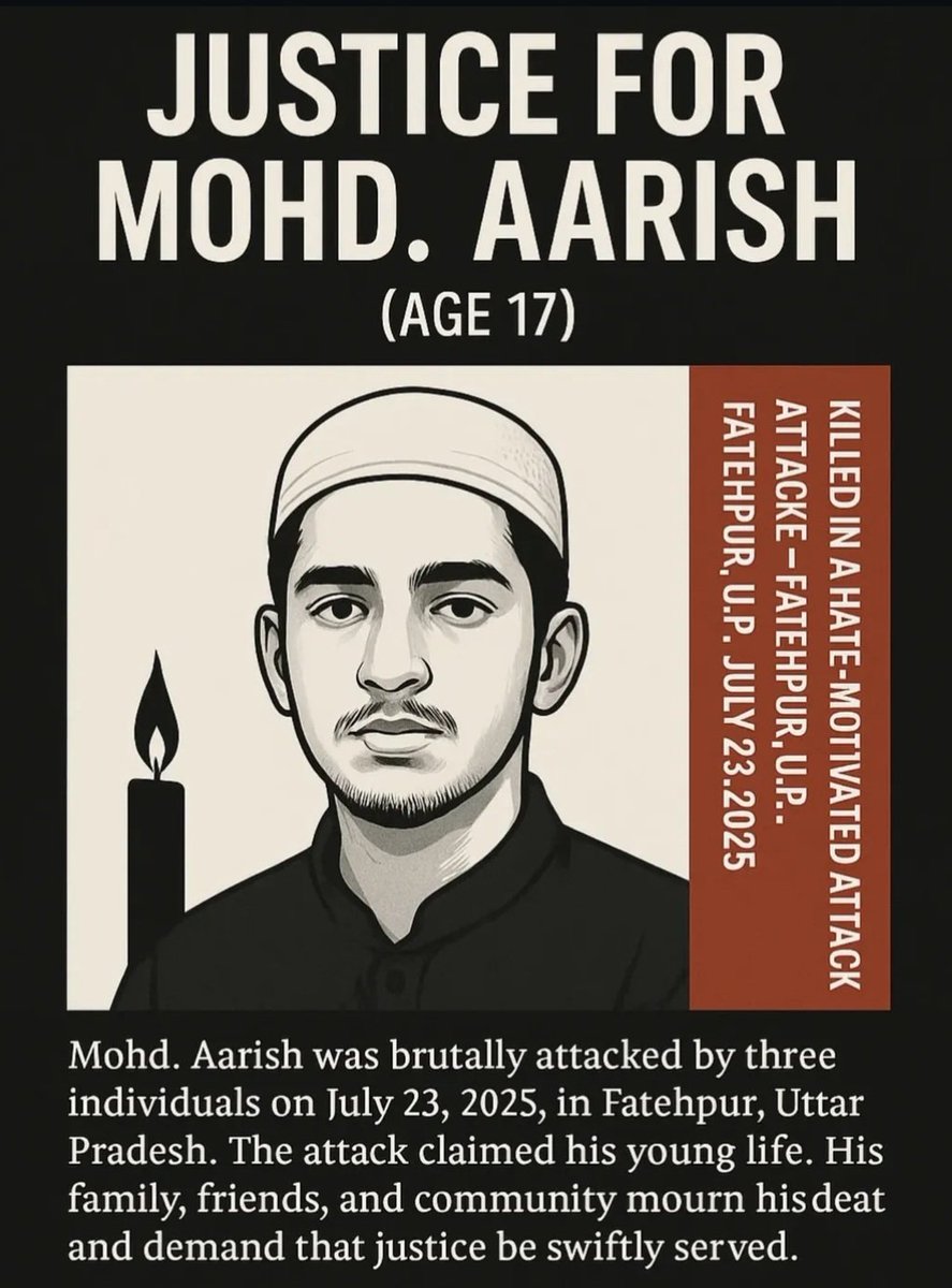 AlaeddinAgain's tweet image. "क्या इंसाफ माँगने के लिए भी अब धर्म देखा जाएगा?
17 साल का आरिश खान, फतेहपुर का एक मासूम 12वीं का छात्र, जिसका सपना शायद हमारी तरह बड़ा था। लेकिन उसका कसूर क्या था? सिर्फ़ यह कि वो मुस्लिम था? 😢
24 जुलाई को तीन लोगों ने उसे बेरहमी से लाठी-डंडों से पीटा, और अस्पताल में उसने दम…