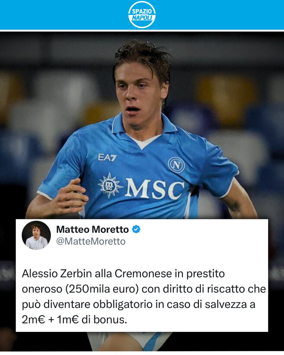 Spazio_Napoli's tweet image. Arriva la conferma dal profilo ‘X’ di Matteo Moretto: Alessio Zerbin sarà un nuovo giocatore della Cremonese!✅
L’accordo prevede un prestito oneroso da 250 mila euro, con diritto di riscatto che potrebbe diventare obbligatorio in caso di salvezza a 2 milioni, con l’aggiunta di…