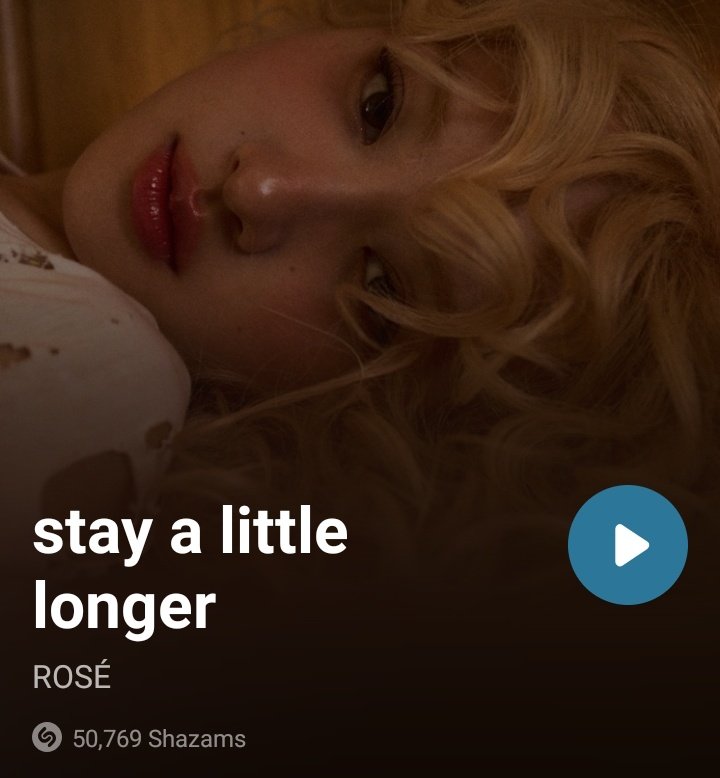 RoseIndiaUpdate's tweet image. 'stay a little longer' has now surpassed 50K+ Shazams
- It become ROSÉ 's 10th song to reach this mark
- 5th song from album 'rosie' to reach this mark, also second non single track from 'rosie' to do so
#stayalittlelonger #ROSÉ @numberoneHQ