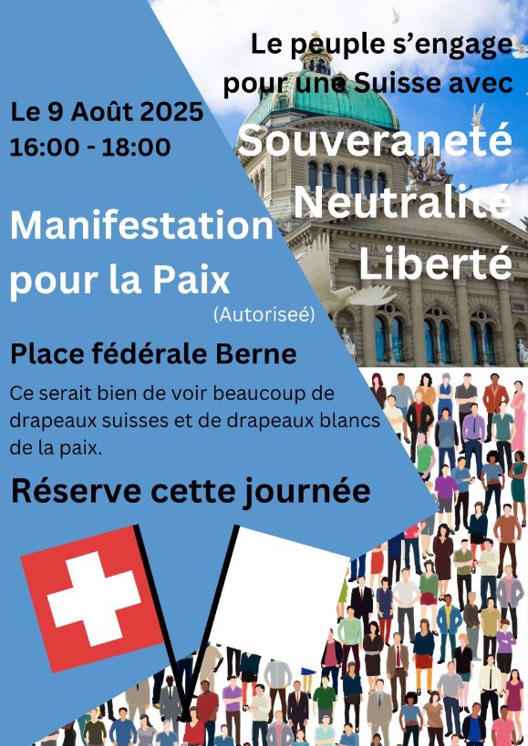 StandPunkt_News's tweet image. Friedens-Kundgebung statt Spaziergang in Zürich

Der Spaziergang ist am 09. August abgesagt, stattdessen treffen wir uns alle:

Wann: 09. August 2025
Um: 16:00-18:00
Wo: Bern – Bundesplatz

Das Volk steht ein für eine Schweiz mit Souveränität, Neutralität und Freiheit…