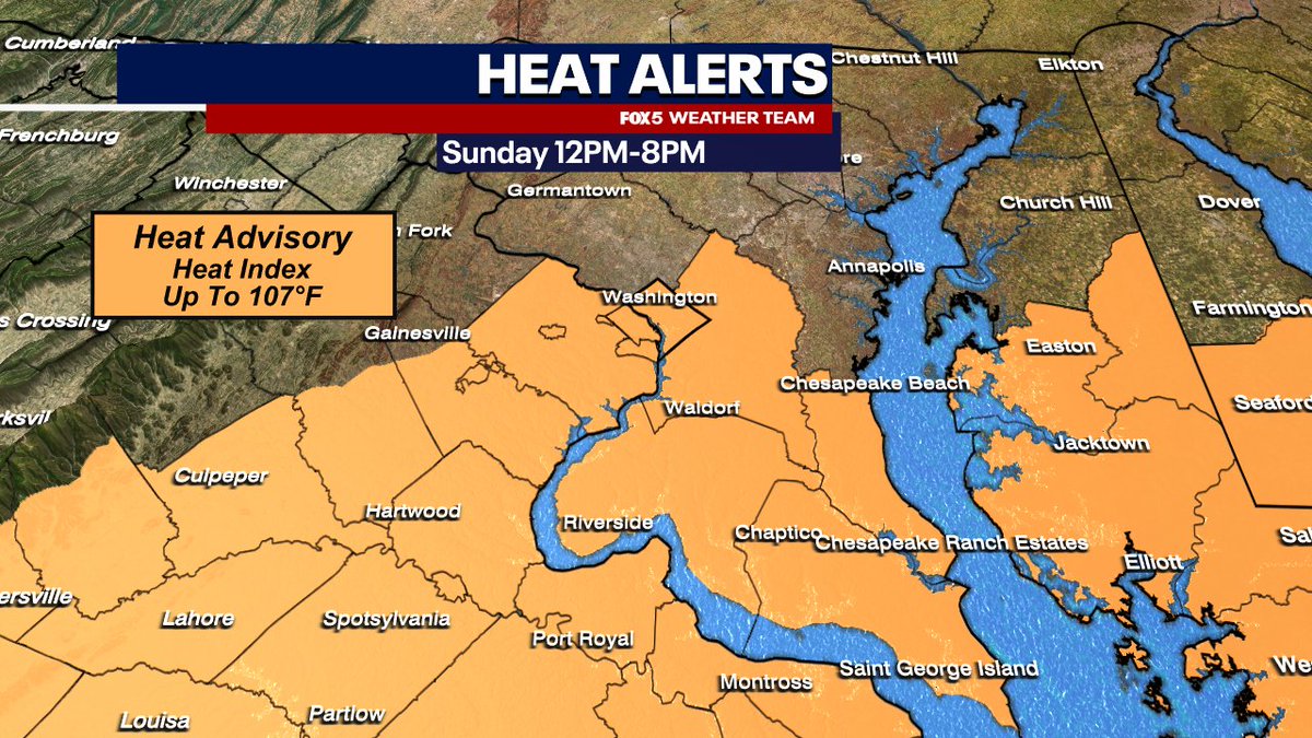 cesar_wx's tweet image. A heat advisory in place that starts at noon until 8 pm Sunday 7/27. Heat index can reach up to 107° for the areas highlighted in orange but everyone will be feeling that air you can wear. Even though we see a stretch of high heat this coming week, there is an end! @fox5dc