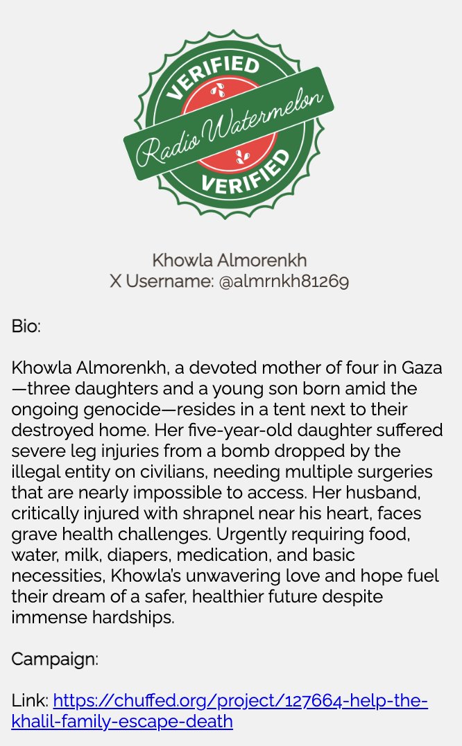 Welcome <a href="/almrnkh81269/">kh</a>!  
With 4 children, one of them injured and an injured husband, she's been struggling to provide for her family     

Donate &amp; boost: chuffed.org/project/127664…

#SOSGaza #LifelineToGaza #DonateBoost     
Volunteer at #Viva 🍉t.ly/72UHv