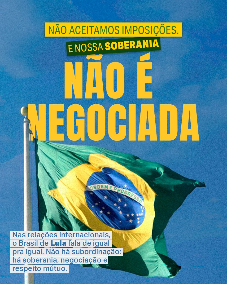 fpabramo's tweet image. Nas relações internacionais, o Brasil de Lula fala de igual pra igual. Não há subordinação: há soberania, negociação e respeito mútuo.
RESPEITA O BRASIL TRUMP