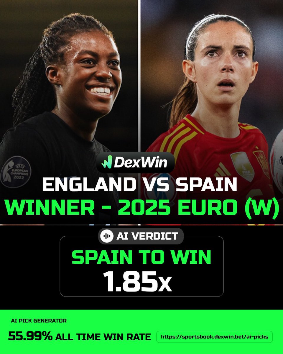 DexWin_Sports's tweet image. ENGLAND vs SPAIN 🏴 🇪🇸 Euro Women’s Football Odds Today ⚽️ 🏆 | FIFA EURO WOMENS FINAL 2025 - Football Betting Odds Today, Predictions, Betting Lines & Picks by AI
✅ SPAIN TO WIN @ 1.85 ✅
Follow @DexWin_Sports for the best football betting odds, football betting odds today,…