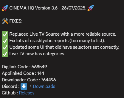 Inside_4ndroid's tweet image. 📢📢Cinema HQ v3.6 - UPDATE📢📢
See pic for details.

Digilink Code : 668549
Applinked Code : 144
Downloader Code : 764496
Discord : discord.com/invite/6UwYaXG…
GitHub : github.com/Inside4ndroid/…

💜💜💜💜PLEASE SPREAD THE WORD THAT CINEMA HQ IS AWSOME!!  💜💜💜💜
