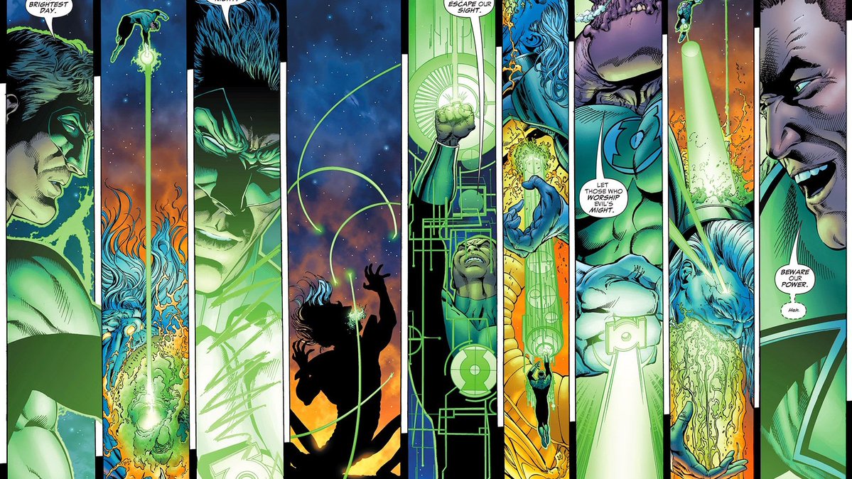 Yrithyll's tweet image. Je suis en train de me refaire le run de Geoff Johns sur Green Lantern et quel régal ! Johns ne lésine pas sur les détails, il prend le temps d'expliquer les événements passés en ouvrant la voie à une nouvelle ère pour les GL avec une partie graphique de haute volée 💚
#comics