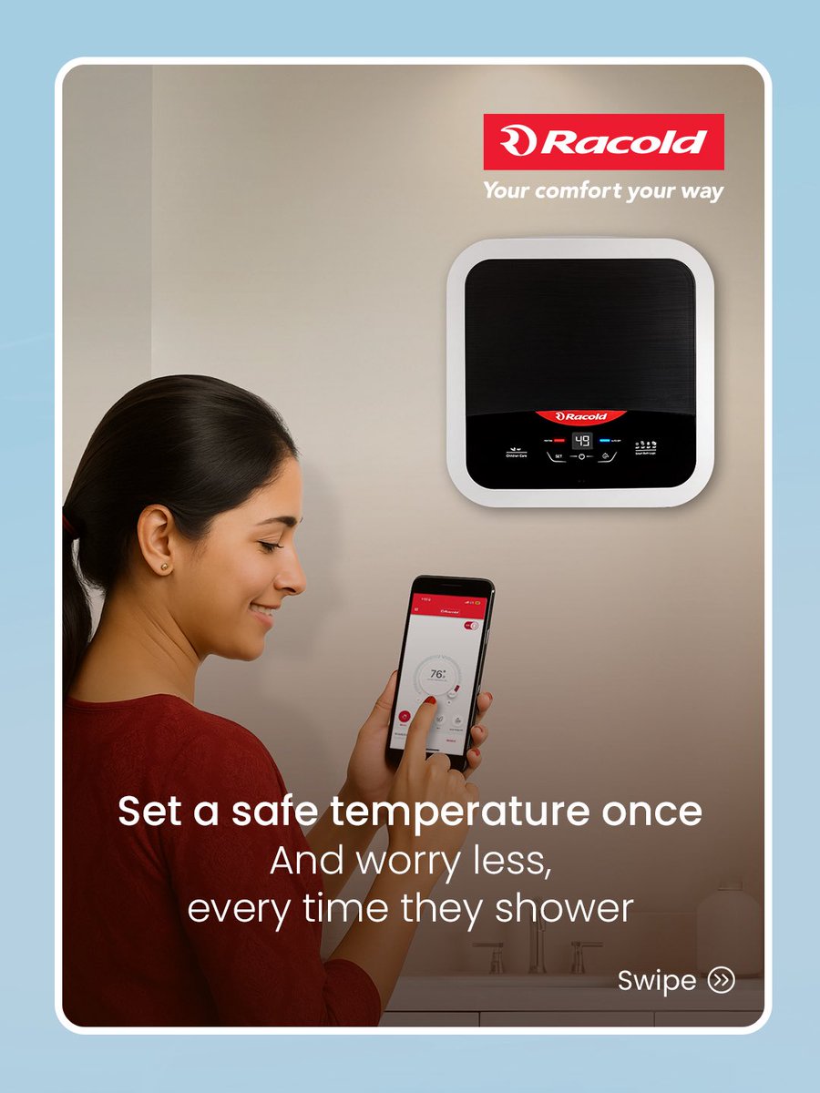 RacoldOfficial's tweet image. They won’t wait to test the water, but you’ve already set it just right. ​
With Omnis DG Wi-Fi’s Children Care Mode, you can pre-set a safe
water temperature and protect your little ones from hot water
accidents. 
#Racold #OmnisDGWiFi #SmartControl #EnergySavings #AdvancedSafety