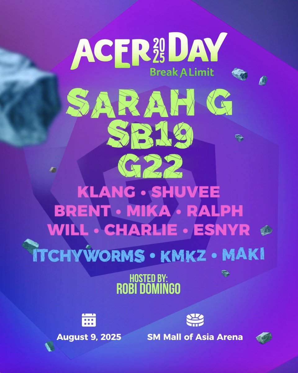 SoundCheckMNL's tweet image. Want 🎟️ to #AcerDay2025 feat #SB19, #Maki, #SarahG & more?
✅ Buy select Acer products (July 18–31)
✅ Post a vid, tag #AcerLimitBreakers + @AcerPhils (July 23–27)
✅ Donate plastic waste (July 28–30)
✅ Crack daily clues (Aug 1–5) soundcheckmanila.home.blog/2025/07/27/her… #BreakTheLimits