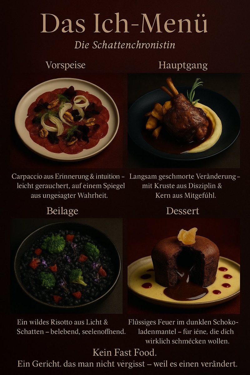 NatWinI's tweet image. Eine weitere Frage für die Sinne: Heute: Schmecken
Wenn du ein Menü wärst - wie würde die Küche dich anpreisen?
Ich fange an:
Gebratene Wahrheit auf Seelenspiegel, mit einer Reduktion aus Tiefe, Mut und stiller Kraft.
Vorspeise:
Fein geschnittenes Carpaccio vom Rind, zart…