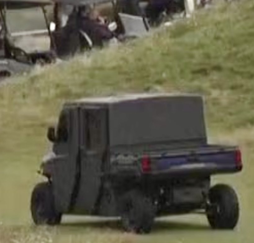 Trump’s armor-plated golf cart which now trails him around the golf course is revealed for the first time.