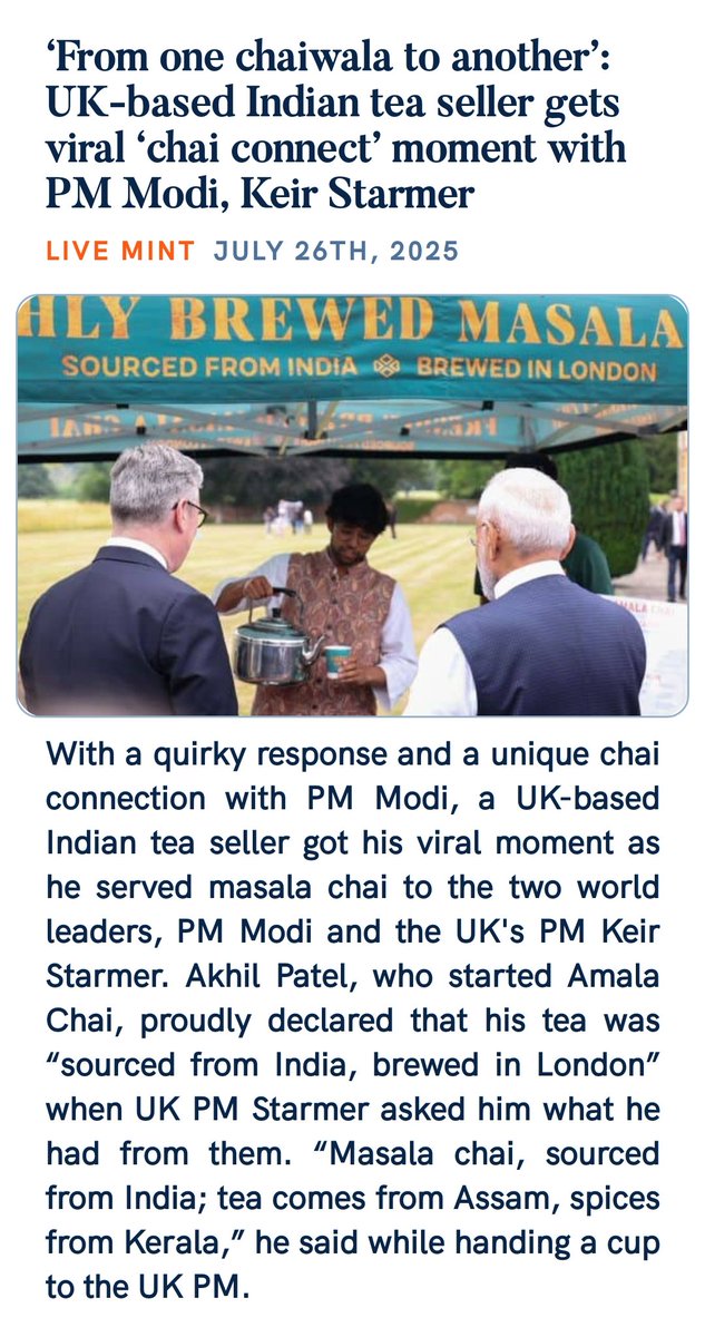 BN Adhikari (@adhikaribn) on Twitter photo ‘From one chaiwala to another’: UK-based Indian tea seller gets viral ‘chai connect’ moment with PM <a href="/narendramodi/">Narendra Modi</a> and PM <a href="/Keir_Starmer/">Keir Starmer</a>
livemint.com/news/trends/fr… via NaMo App ‘From one chaiwala to another’: UK-based Indian tea seller gets viral ‘chai connect’ moment with PM <a href="/narendramodi/">Narendra Modi</a> and PM <a href="/Keir_Starmer/">Keir Starmer</a>
livemint.com/news/trends/fr… via NaMo App