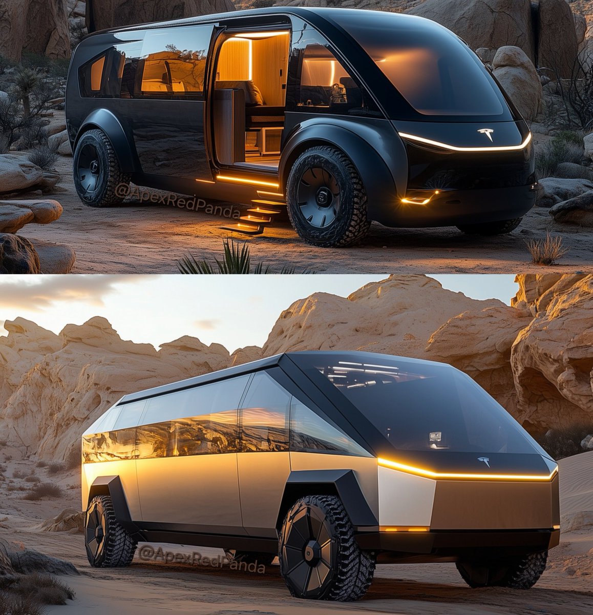 ApexRedPanda's tweet image. Everyone&apos;s talking about a Tesla adventure van. Here&apos;s my takes. Also, the @RetrogradeMC HV. Which is your favorite?