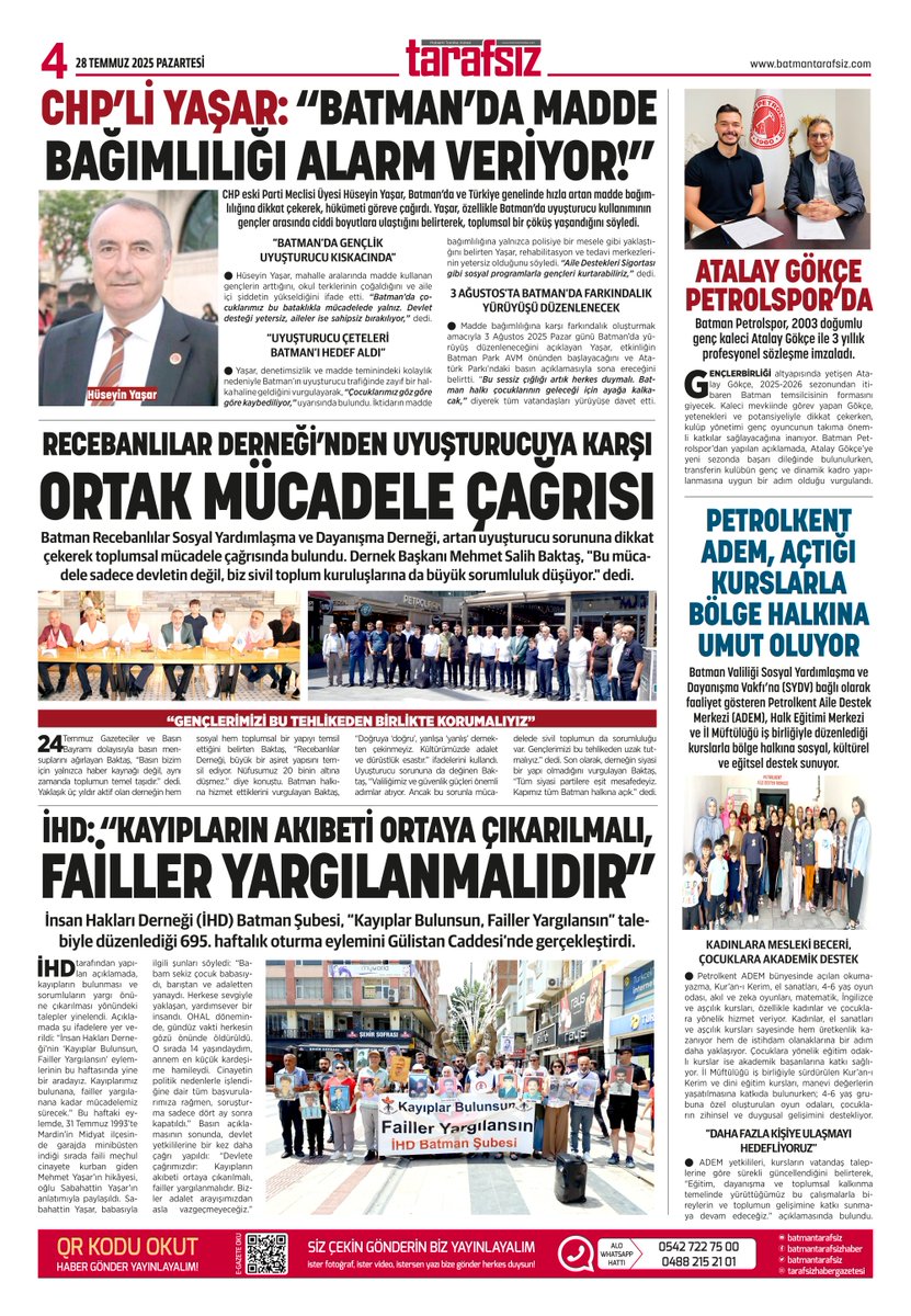 BATMAN TARAFSIZ HABER GAZETESİ
28 TEMMUZ 2025 PAZARTESİ GÜNDEMİ
batmantarafsiz.com
#Batman #Tarafsızhabergazetesi #Tarafsızhaber #sondakika #gündem #Haber #haberler #olay #gazete