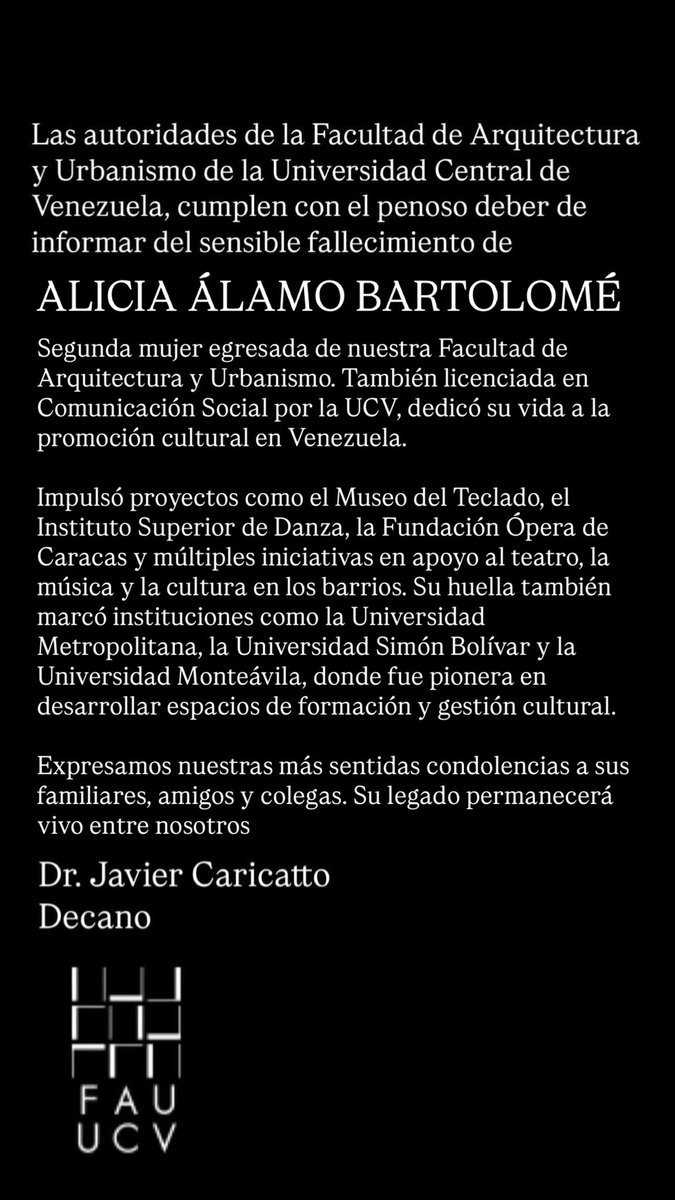 Las autoridades de la FAU UCV, cumplen con el penoso deber de informar del sensible fallecimiento de

ALICIA ÁLAMO BARTOLOMÉ

Segunda mujer egresada de nuestra facultad. También Licenciada en Comunicación Social por la UCV, dedicó su vida a la promoción cultural en Venezuela.