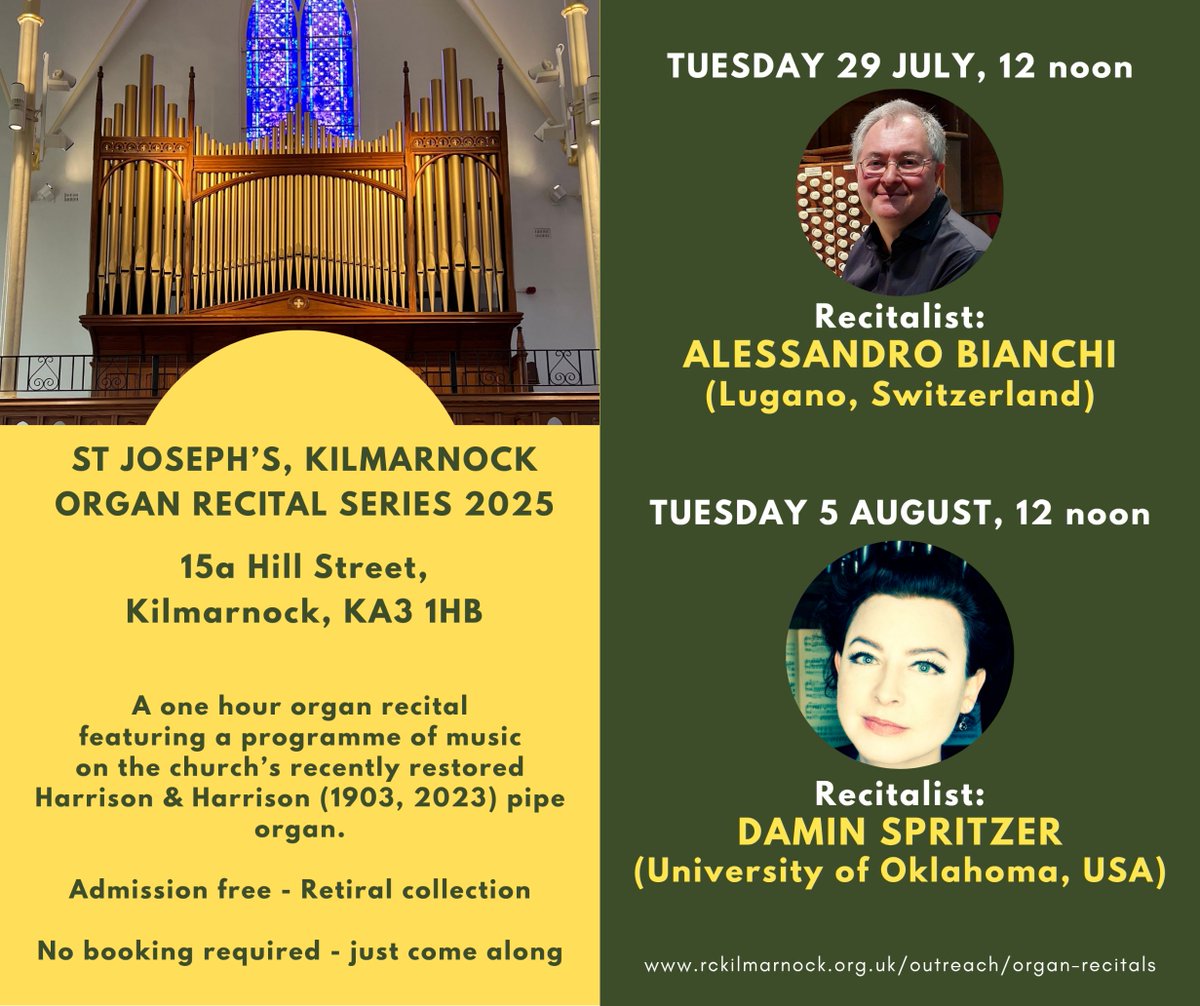 The parish community of St Joseph's, Kilmarnock, invites you to join them for their upcoming organ recitals. They look forward to welcoming two fantastic recitalists from Europe and the USA over the next fortnight: Alessandro Bianchi and Damin Spritzer.