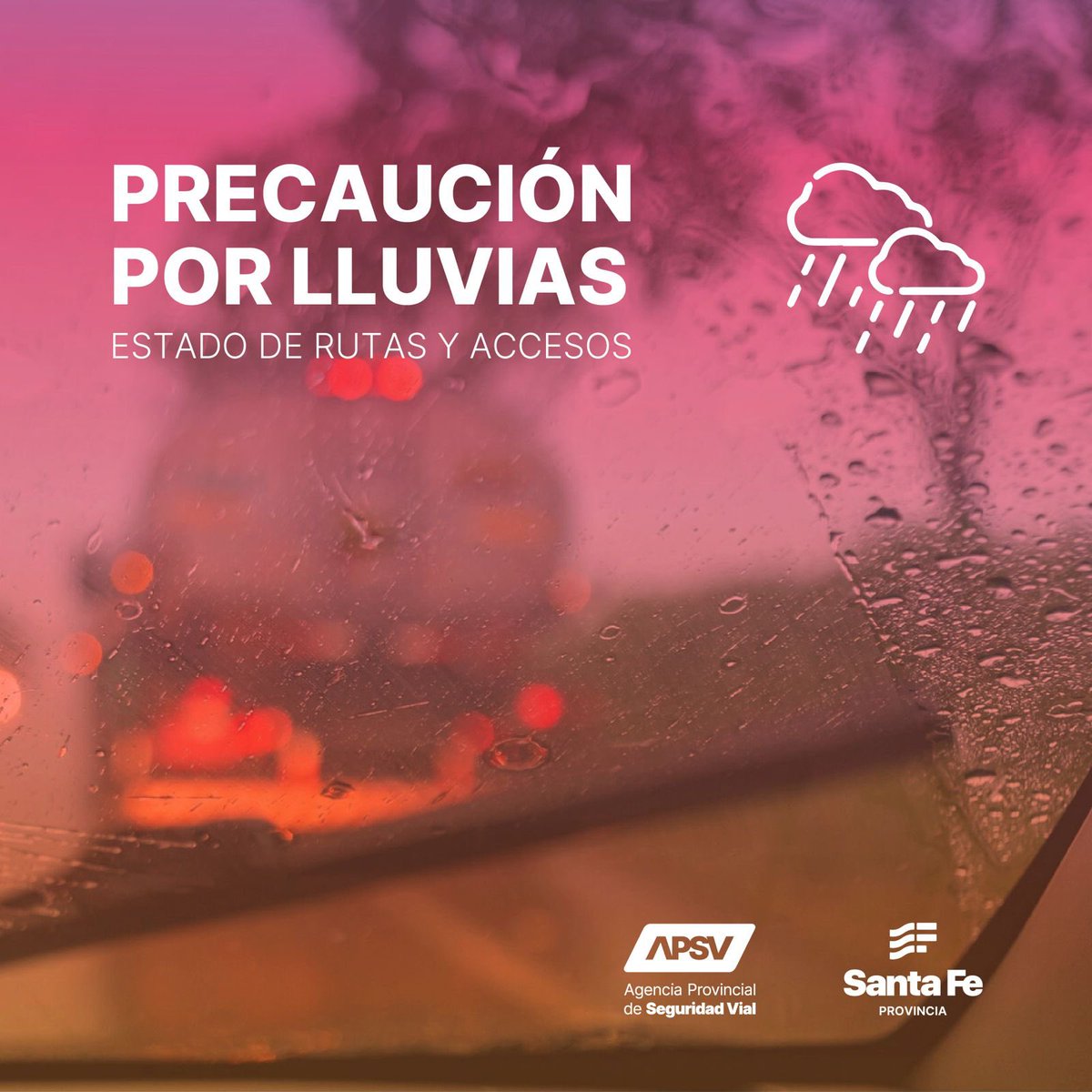 🌨️ Atención. Se registran lluvias en la mayoría de los corredores viales de la provincia. 
✅Te recomendamos reducir la velocidad, evitar adelantamientos, aumentar la distancia de seguridad y mantener limpio el parabrisas.
⚠️ Precaución con la acumulación de agua y el acuaplaneo.