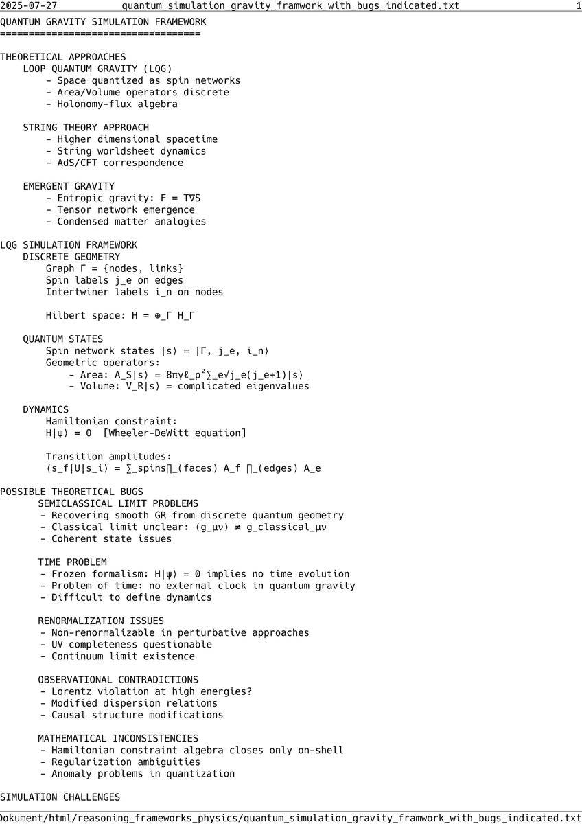 Perrabyte's tweet image. 🔬 Simulating quantum gravity: where Einstein meets Schrödinger in a  cosmic debugging session. Found 5 theoretical bugs so far - time is  frozen, space is lumpy, and nothing renormalizes properly. Back to the  drawing board! #QuantumGravity #Physics #Simulation
